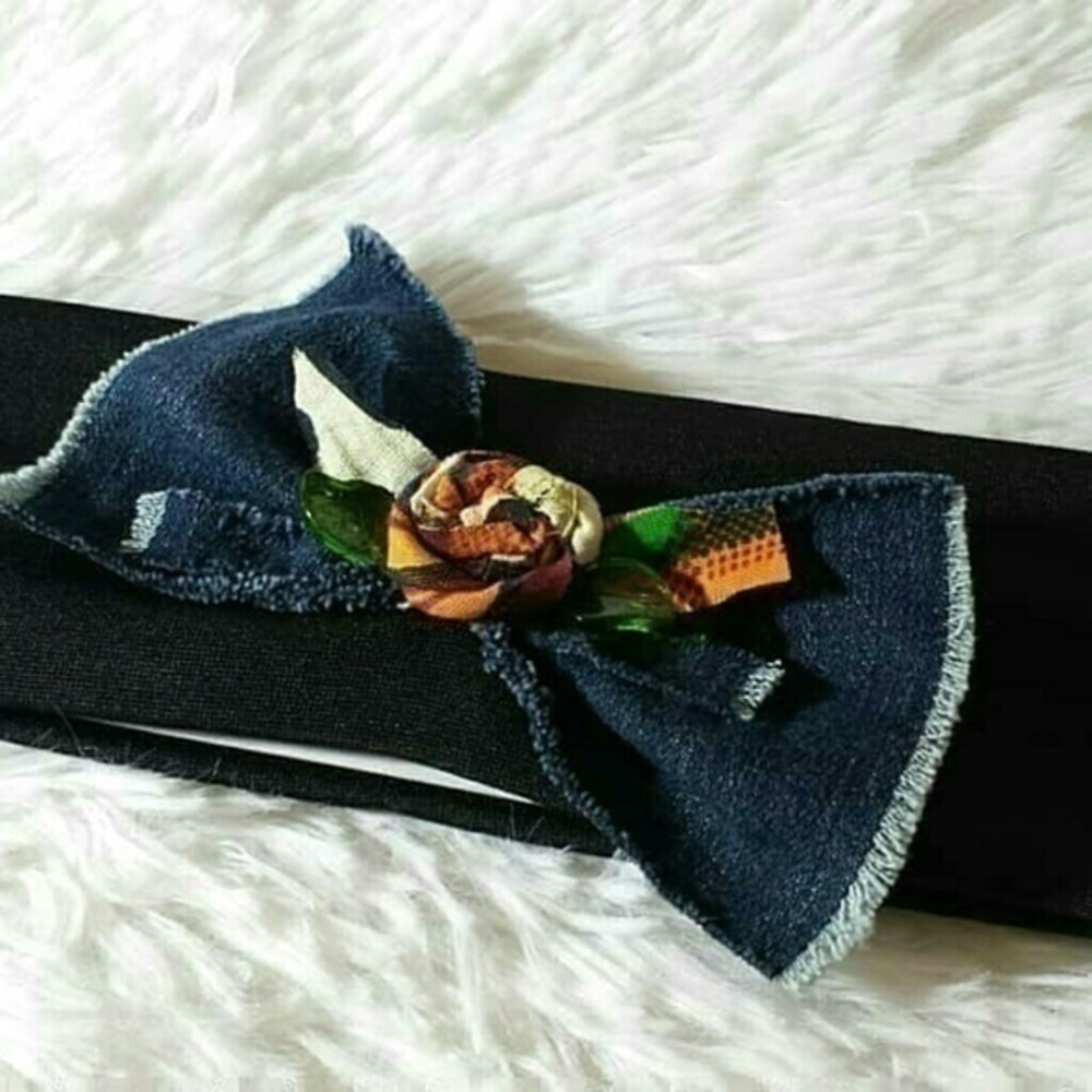 Tasty Raw Edge Denim Kente Rose Bow Headband - Picture 3 of 3